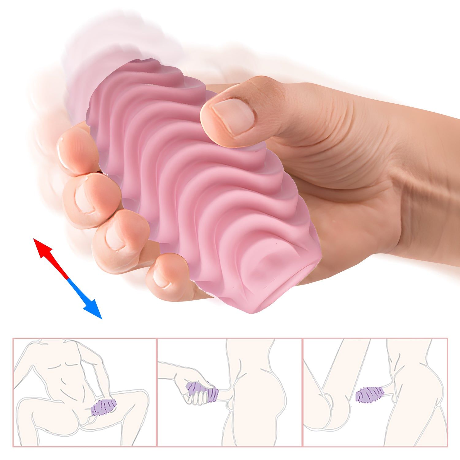 Rosa Masturbator-Ei, gewellte Oberfläche, in Hand gehalten. Illustrationen zur Anwendung.