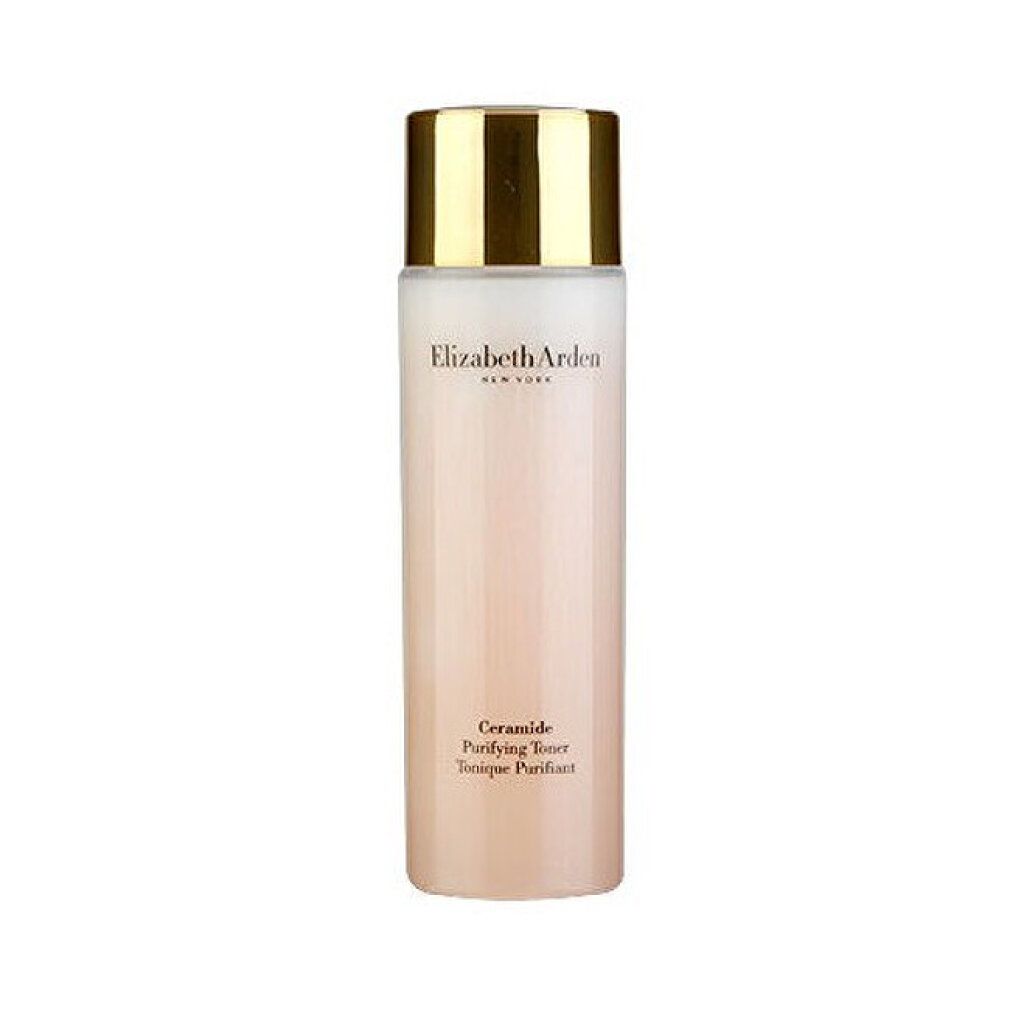 Zylindrische Flasche mit goldfarbenem Deckel. Aufschrift: Elizabeth Arden, Ceramide Purifying Toner. Rosa Flüssigkeit sichtbar.