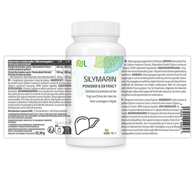 Weiße Flasche mit Silymarin Powder & Extract. Rückseite mit Produktinformationen in Deutsch, Französisch und Italienisch. Vegan-Siegel.