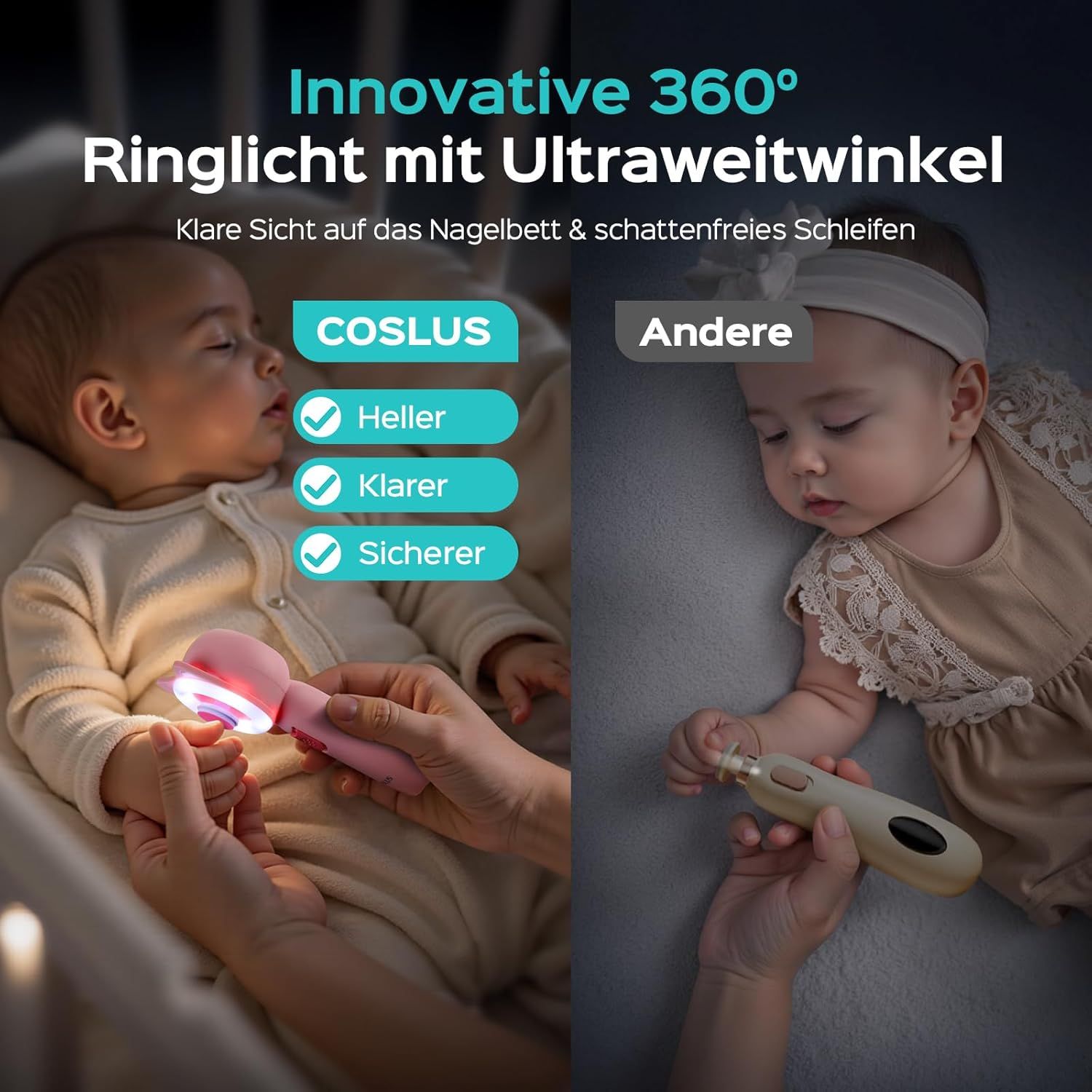 Baby-Nagelpflegeset. Rosa, mit LED-Ringlicht. Vergleich mit anderem Gerät. COSLUS-Logo.