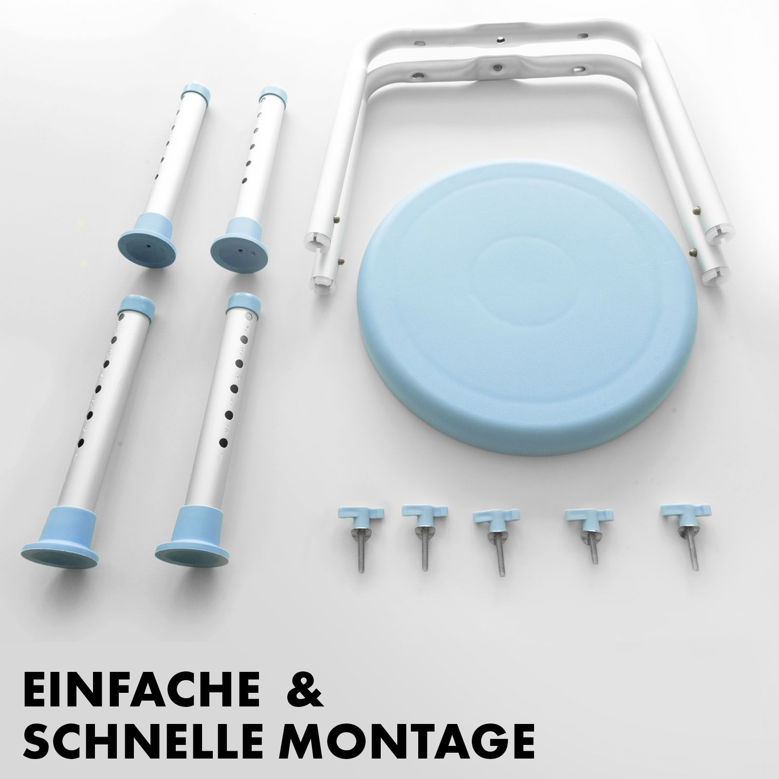 Zerlegter Duschhocker: Sitz, Beine, Schrauben. Einfache Montage.