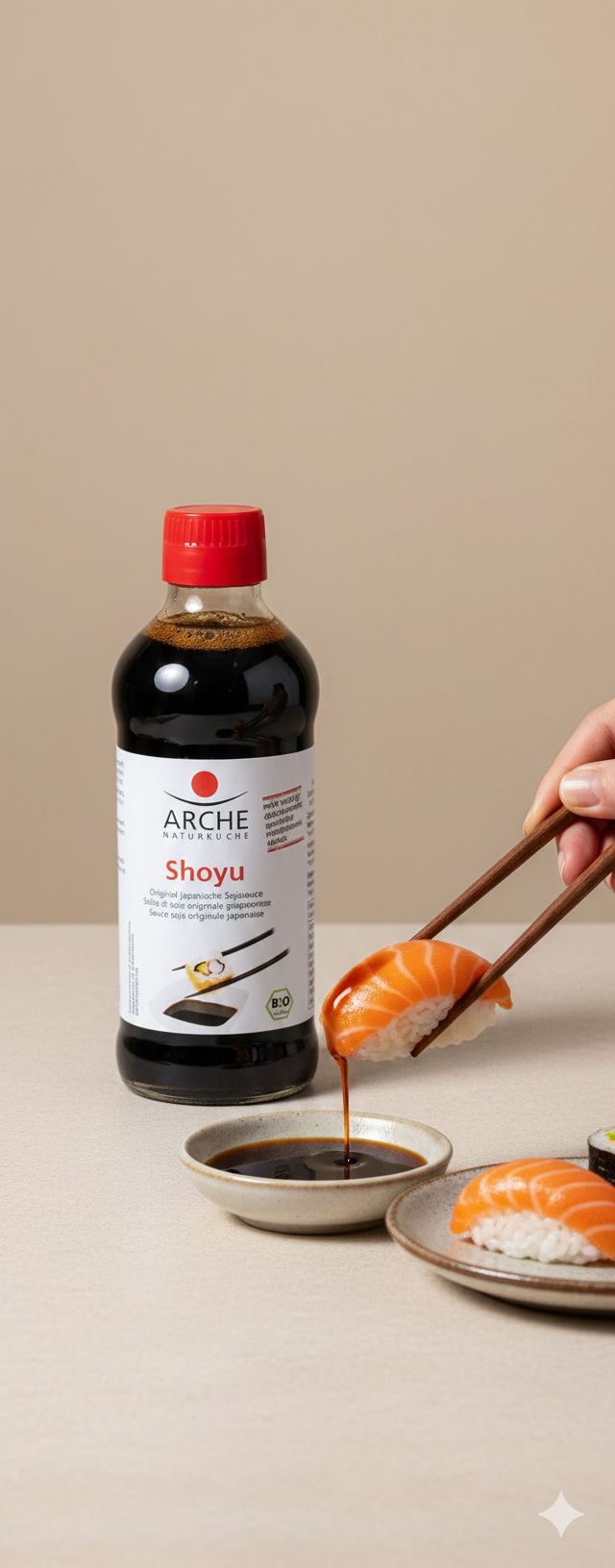 Flasche Arche Shoyu Sojasauce mit Sushi und Stäbchen, die in eine Schale mit Sojasauce getaucht werden.