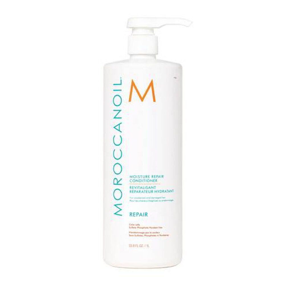 Weiße Flasche mit Pumpe. Aufschrift: Moroccanoil, M-Logo, Revitalisant, Repair. Text in Englisch. Orangefarbener Aufkleber.