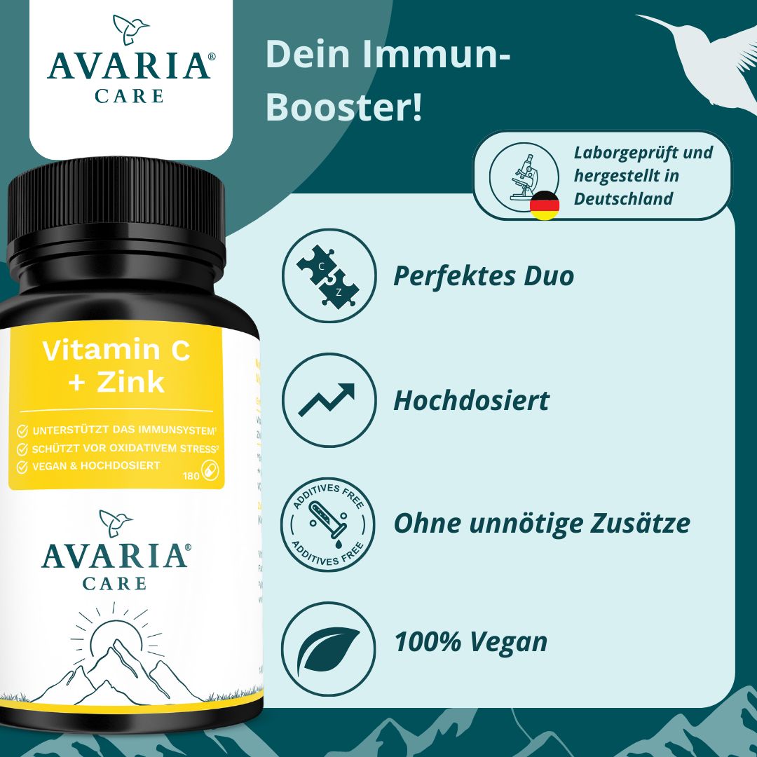 AVARIA CARE® Vitamin C 1000mg – gepuffert & magenschonend – mit 15 mg Zink – vegan