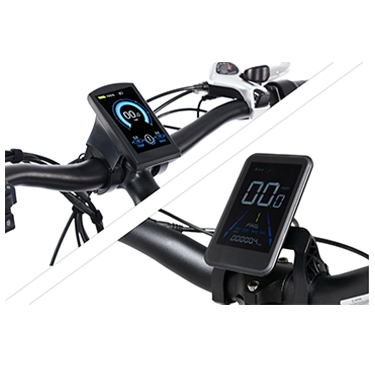 Lenker mit zwei Displays. Schwarze Displays zeigen Informationen an. Sichtbare Elemente: Geschwindigkeit, Akkuanzeige, Streckeninformationen.