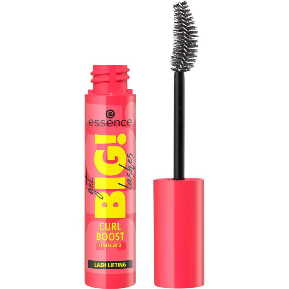 Offene Mascarahülse mit Bürste. Rote Hülse, schwarze Bürste. Text: "BIG! lashes", "CURL BOOST mascara" und "LASH LIFTING". Marke: Essence.