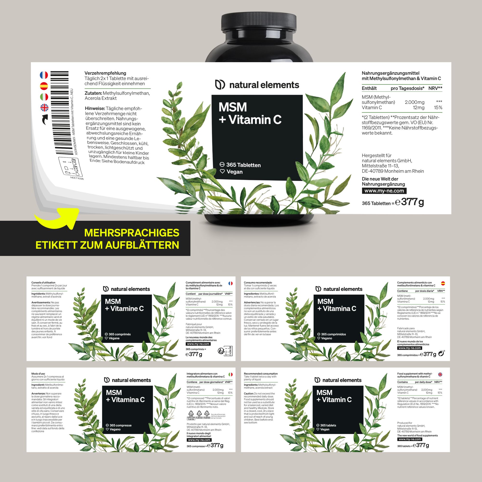 Produktflasche mit mehrsprachigem Etikett zum Aufblättern. Etikett zeigt Informationen in verschiedenen Sprachen.