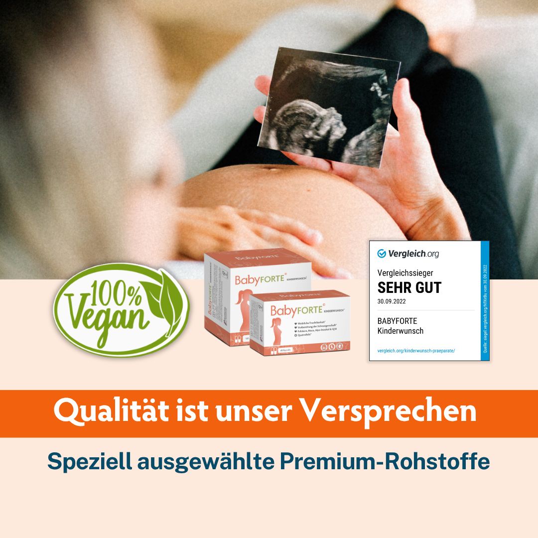 Schwangerer Bauch, Baby-Ultraschall, BabyFORTE-Verpackungen, Siegel '100% Vegan' und 'Sehr Gut'.