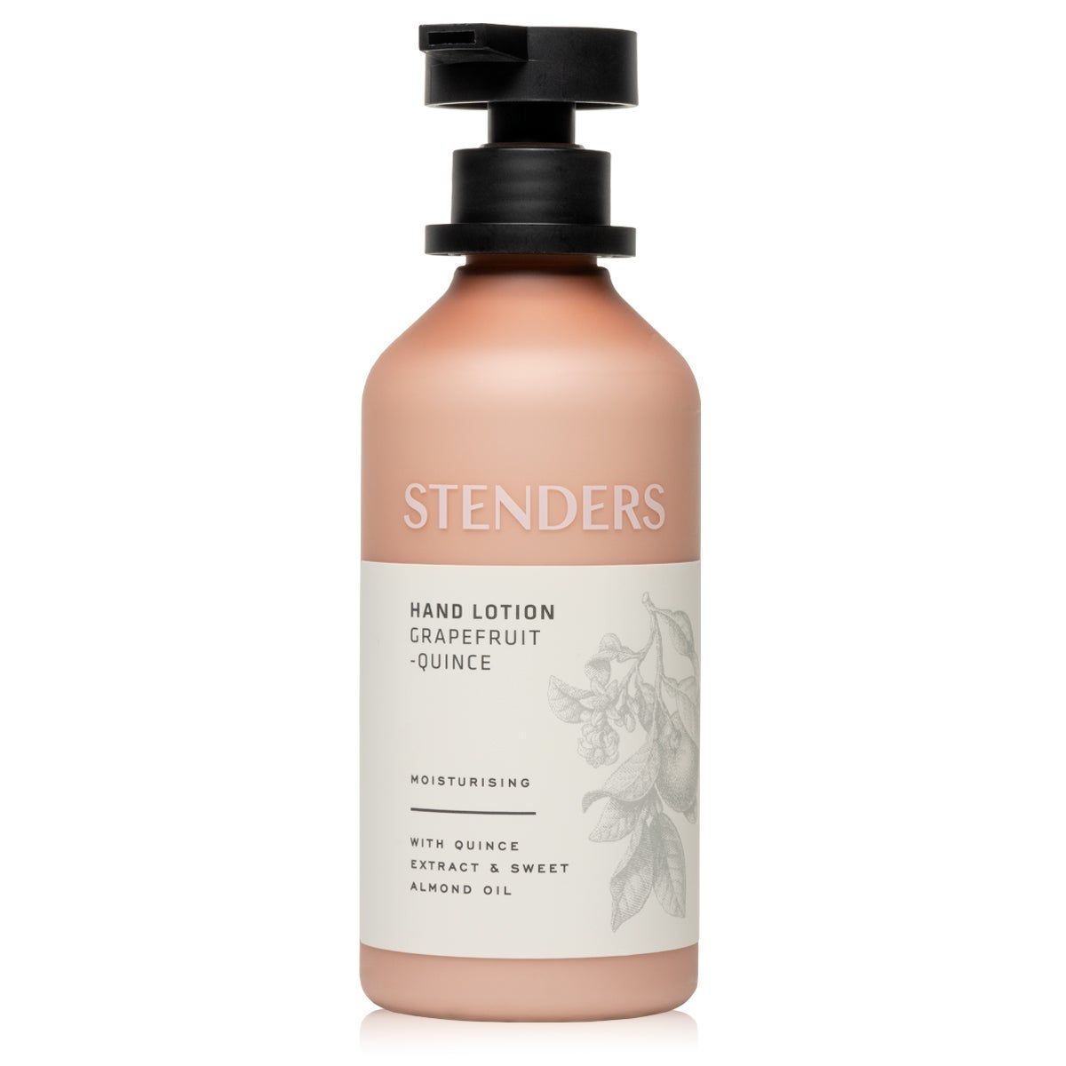 Rosa Handlotion-Flasche mit schwarzem Pumpkopf. Aufschrift: STENDERS, Hand Lotion Grapefruit-Quitte. Mit Quittenextrakt und Mandelöl.