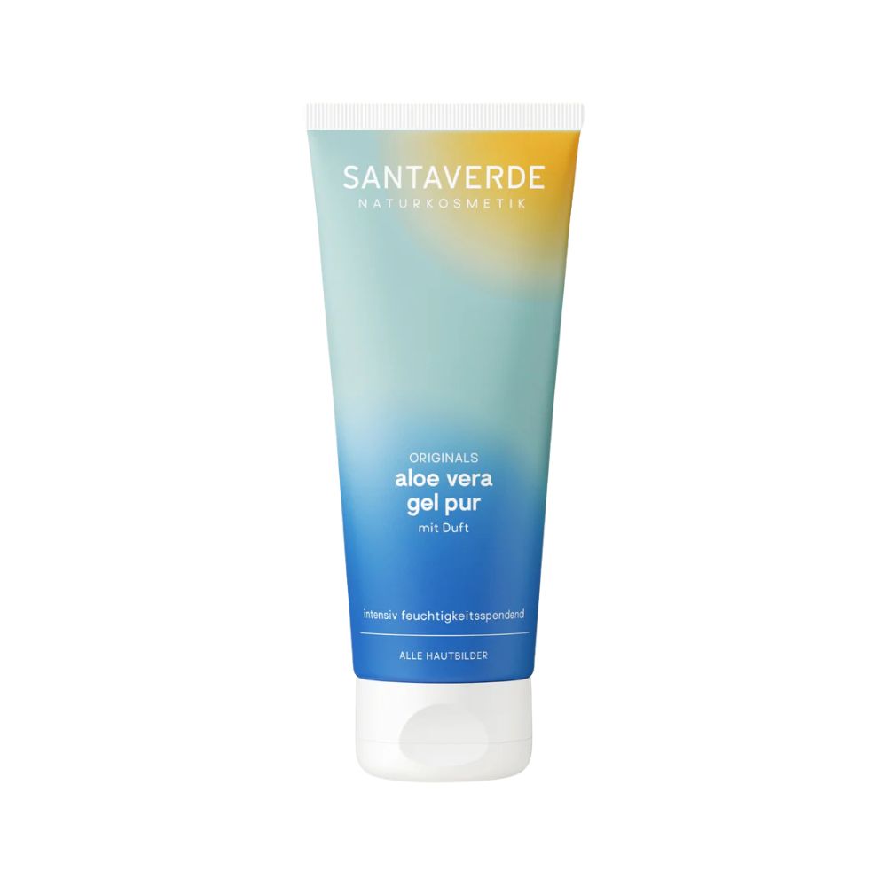 Tube mit SANTAVERDE Aloe Vera Gel pur. Farbverlauf von Weiß zu Blau und Gelb. Text: Originals, mit Duft, intensiv feuchtigkeitsspendend.