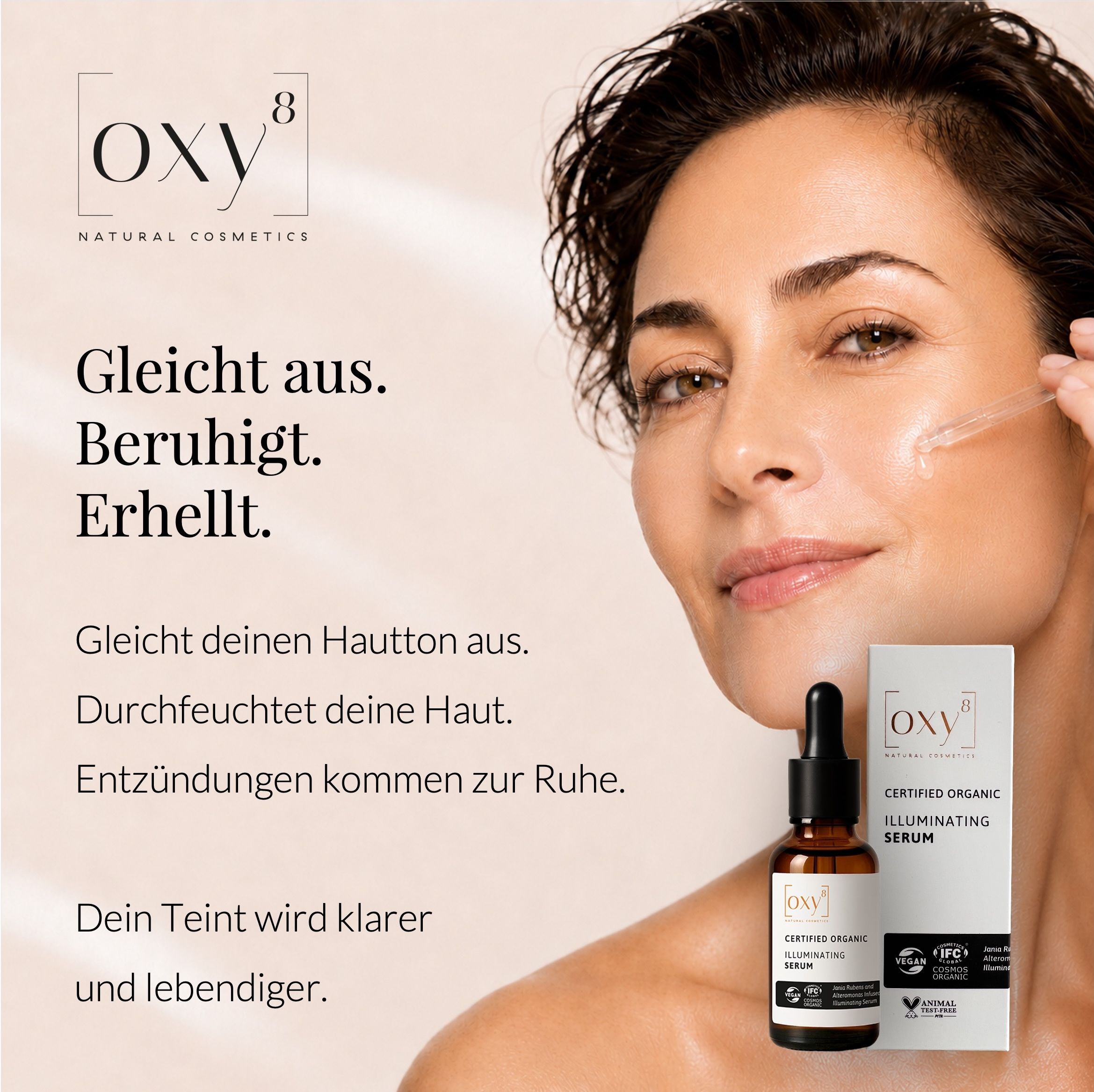 Frau mit OXY8 Illuminating Serum, Hautpflege.