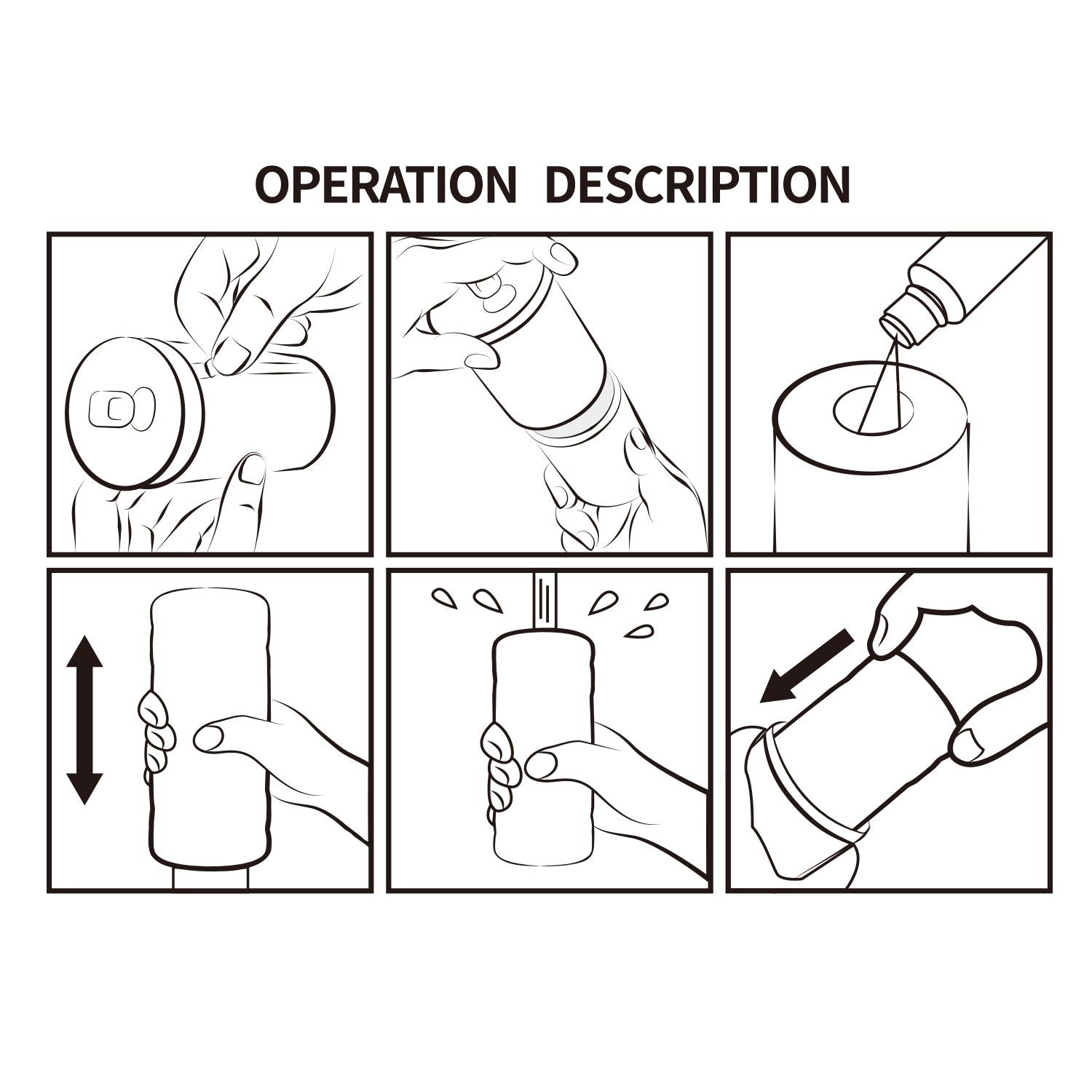 Schwarz-weiße Illustration, die die Bedienung eines Produkts zeigt. Sechs Schritte werden dargestellt.