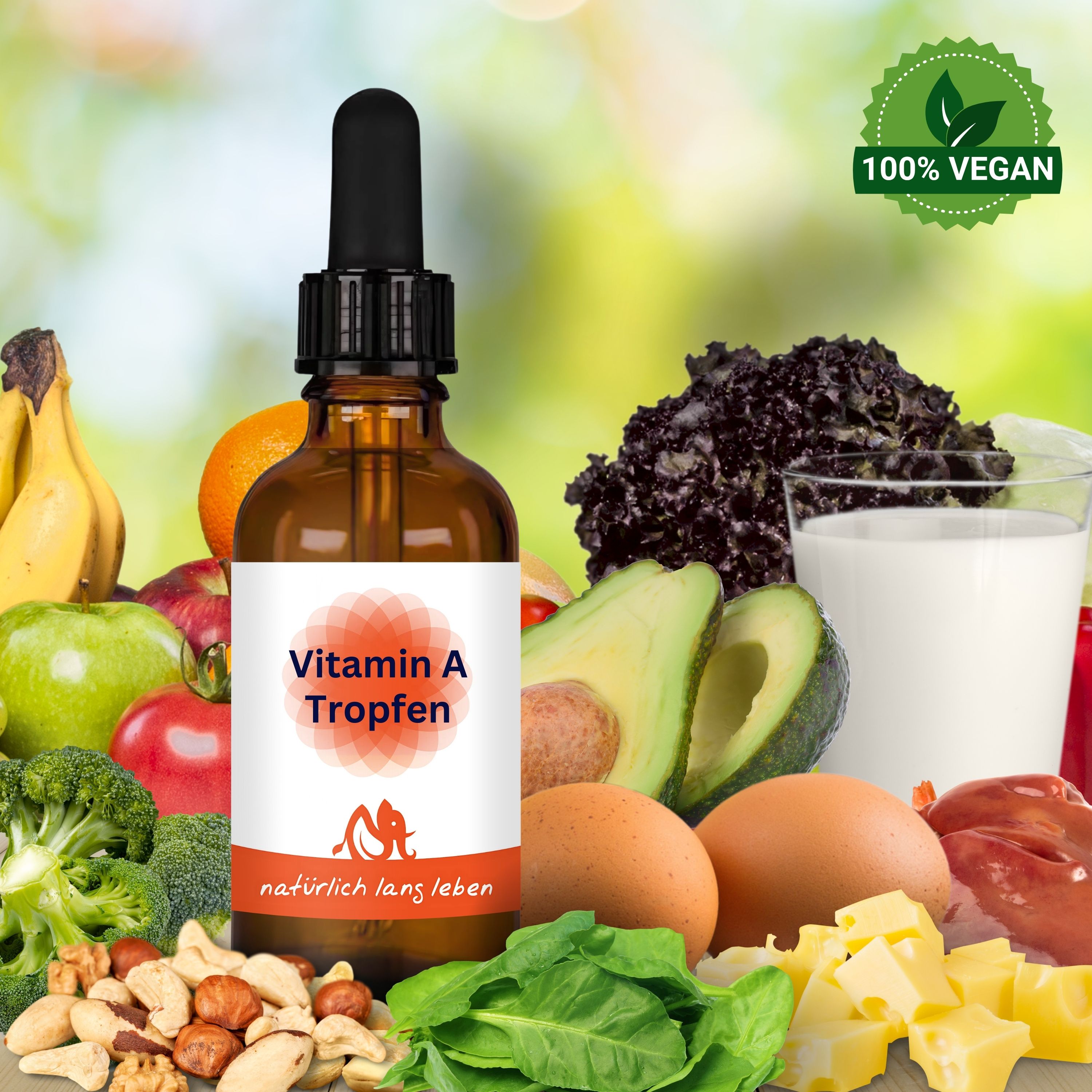 Braune Glasflasche mit Pipette, umgeben von Lebensmitteln: Obst, Gemüse, Eier, Nüsse. Etikett mit "Vitamin A Tropfen". Vegan-Siegel.