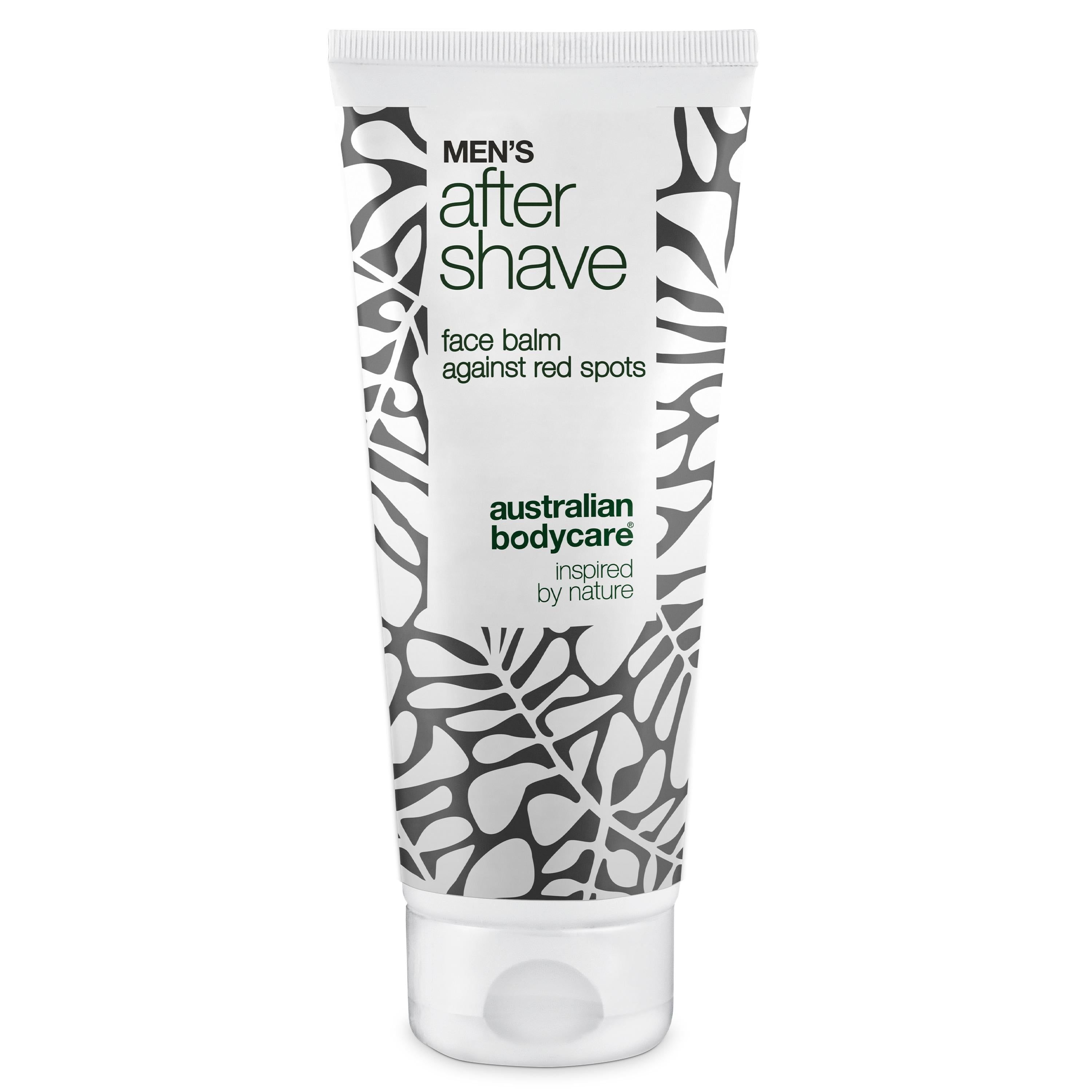 Weiß-grüne Tube mit After Shave-Balsam. Text: 'MEN'S After Shave face balm against red spots'.