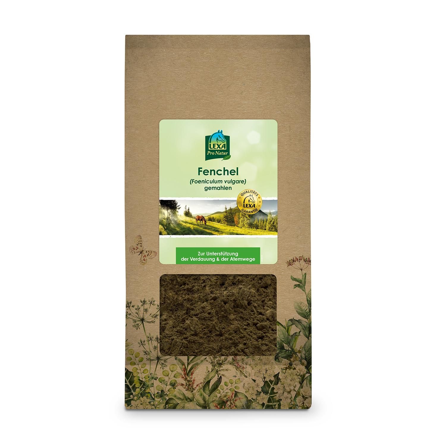 Beutel mit LEXA Fenchel. Sichtfenster zeigt gemahlenes Produkt. Grün-braune Verpackung mit Logo und Text.