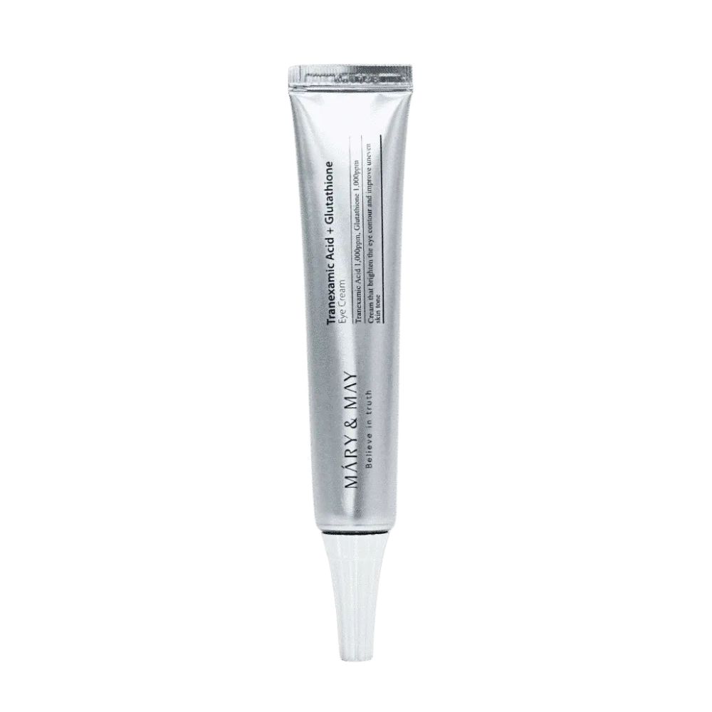 Mary & May Tranexamic Acid + Glutathione Eye Cream in einer silbernen Tube.