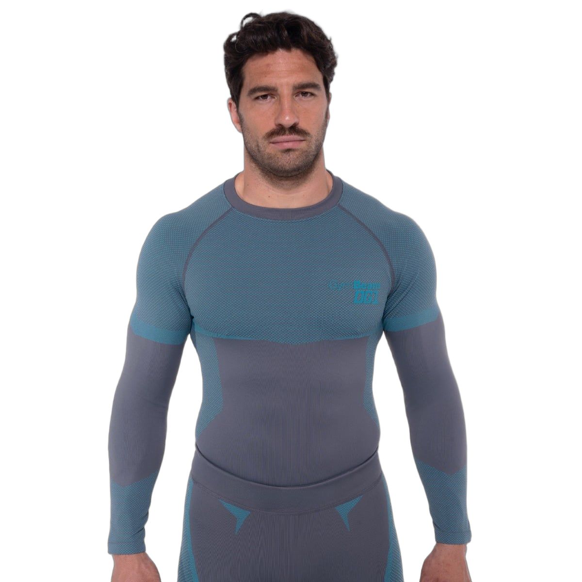 Graues, eng anliegendes Langarmshirt für Herren mit blauen Akzenten und GymBeam-Logo.