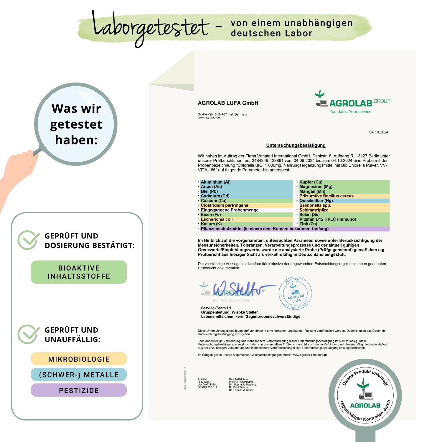 Zertifikat von Agrolab LUFA GmbH. Bestätigt: Bioaktive Inhaltsstoffe, Mikro-Biologie, Schwermetalle, Pestizide.