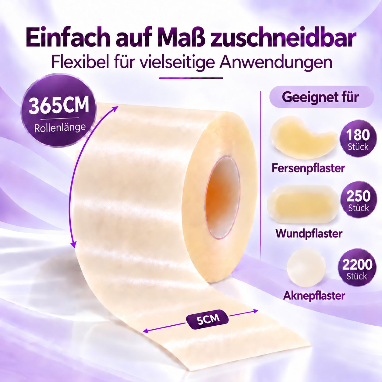 Hydrokolloid Pflaster Rolle 365 cm, 5 cm breit. Zuschneidbar für Fersen, Wunden, Akne.