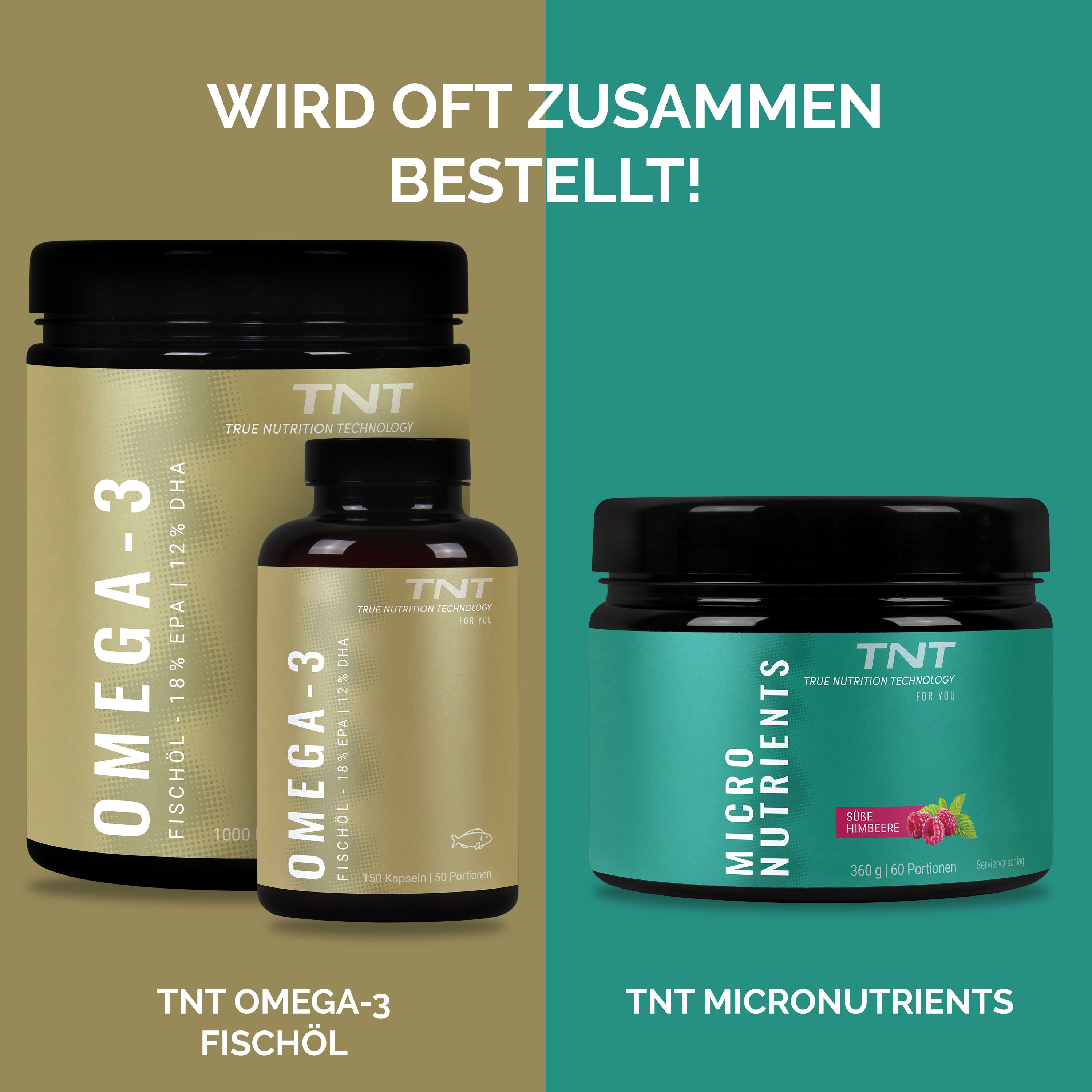 TNT Omega-3 Fischöl Behälter und Fläschchen neben TNT Micronutrients Behälter.