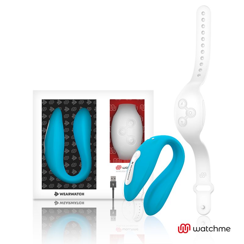 Blauer Silikon-Vibrator und weißes Armband-Steuergerät mit Ladekabel und Verpackung.