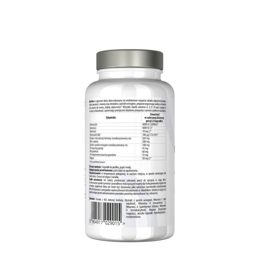 Rückseite einer weißen Flasche. Enthält Informationen zu Inhaltsstoffen, Dosierung und Hersteller. Text in polnischer Sprache.