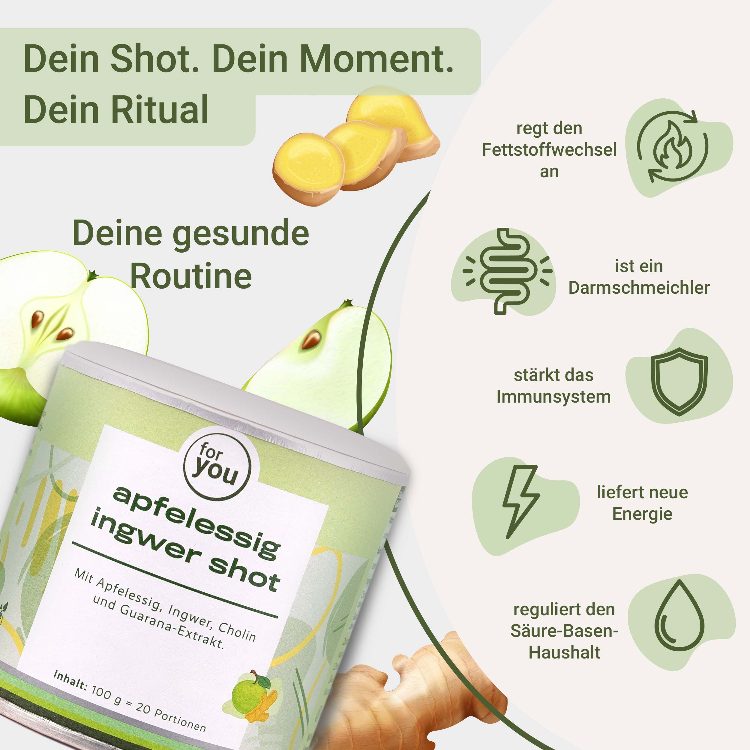 Dose mit Aufschrift apfelessig ingwer shot. Logo: for you. Äpfel, Ingwer und Grafiken mit Vorteilen.