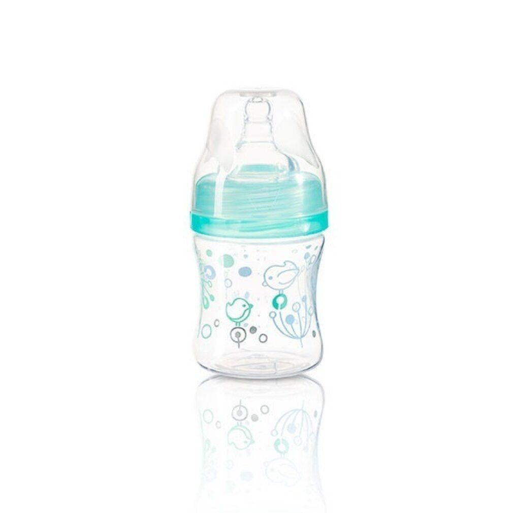 Babyflasche mit mintfarbenen Elementen und Vogelmuster. Transparenter Behälter mit Schnuller und Schraubverschluss.