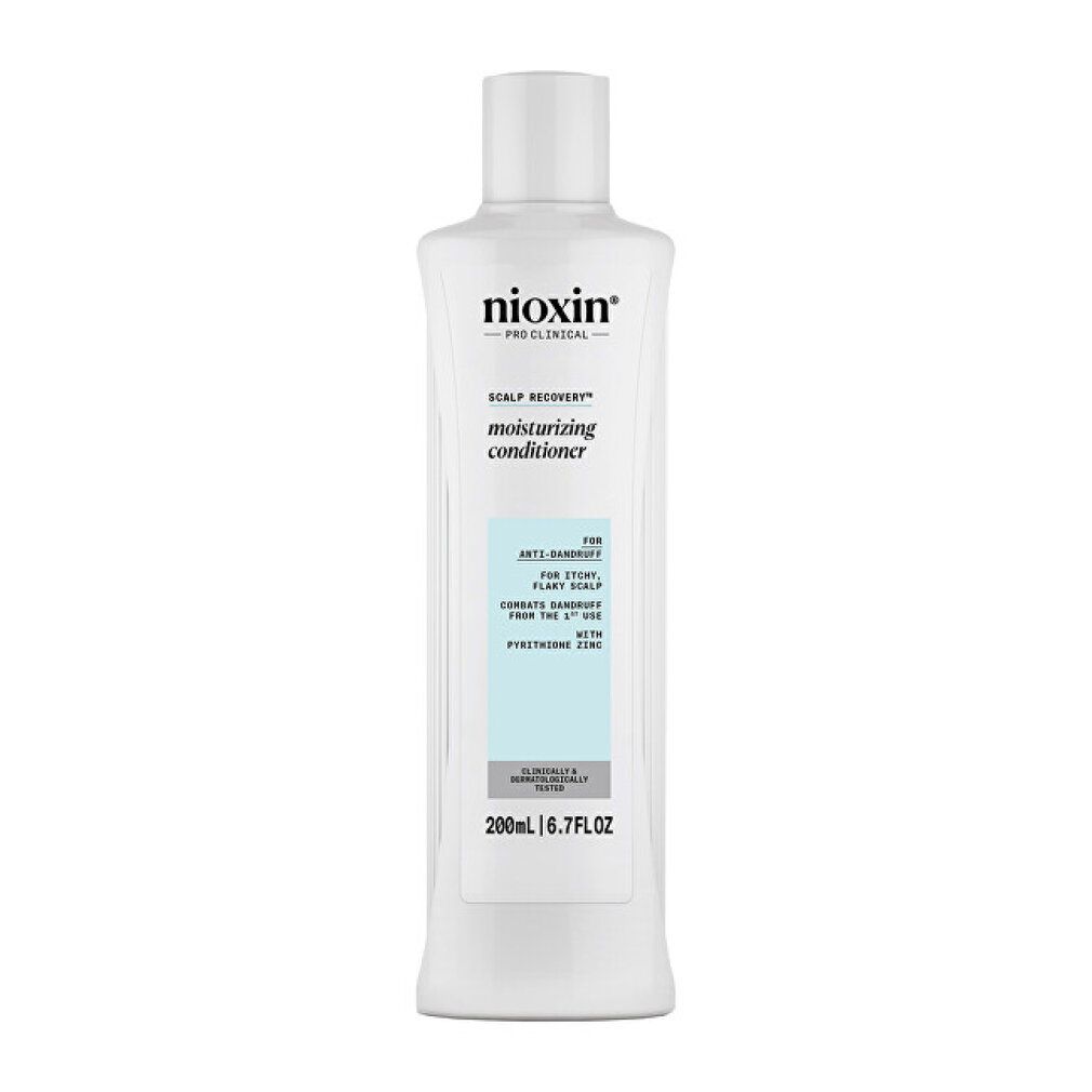 Weiße Flasche Conditioner. Aufschrift: Nioxin, Scalp Recovery, moisturizing conditioner. Für Anti-Schuppen, juckende Kopfhaut. 200ml/6.7FL OZ.