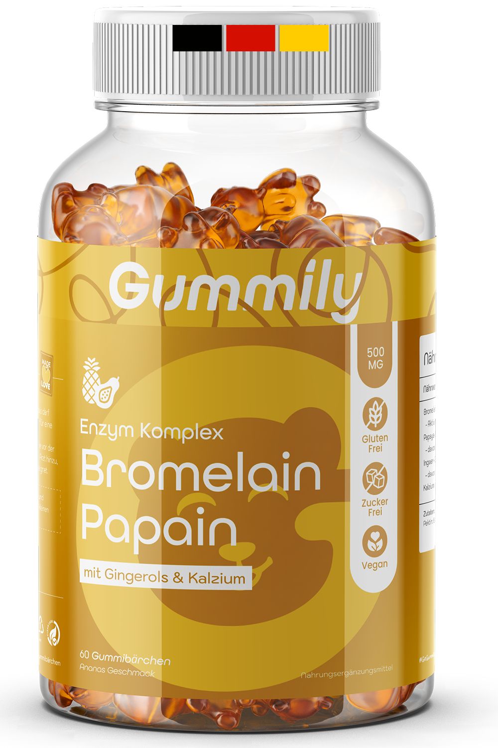 Gummily Bromelain Papain Komplex Gummibärchen in einem Glasbehälter mit gelbem Etikett.