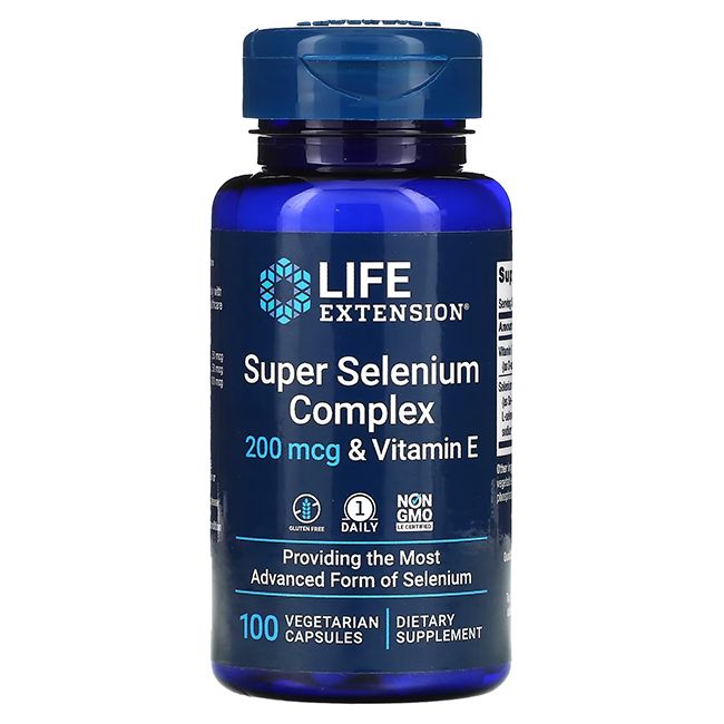 Blaue Flasche mit weißen Kapseln. Rückseite mit Nährwertangaben. Enthält Vitamin E und Selen. Hersteller: Life Extension.