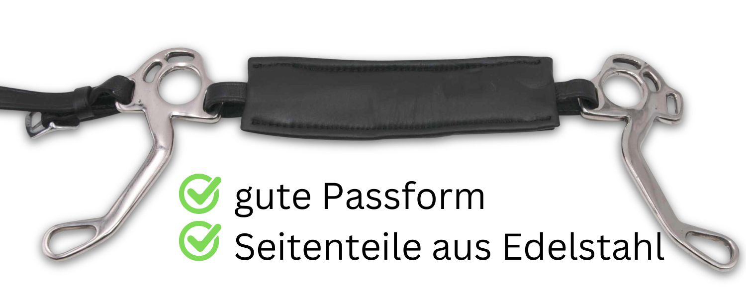 Hackamore mit Edelstahl Seitenteilen und schwarzem Polster. Text: gute Passform, Seitenteile aus Edelstahl.