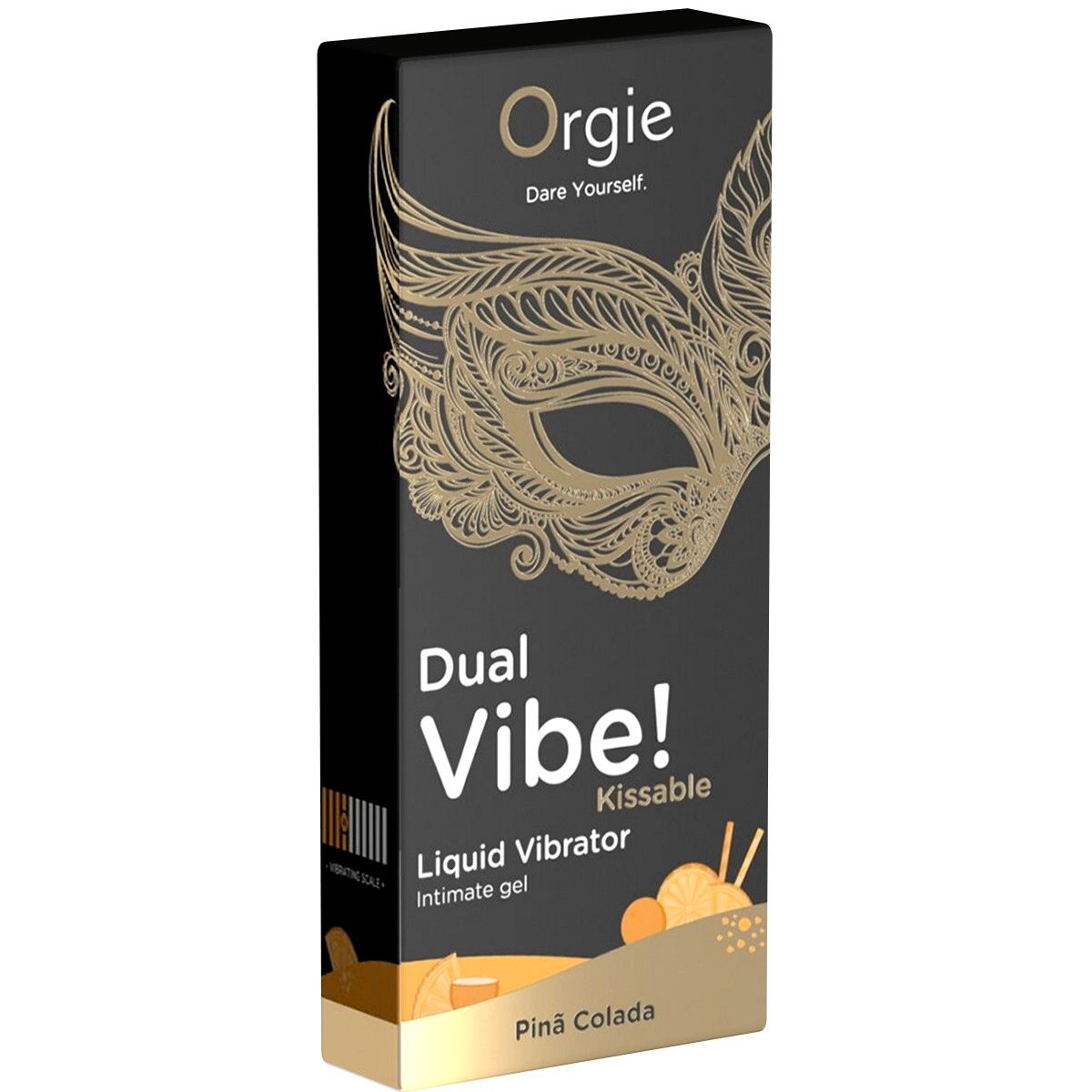 Schwarze Verpackung mit goldener Maskenillustration. Text: Orgie, Dual Vibe!, Liquid Vibrator, Pina Colada. Abgebildet sind Ananasstücke.