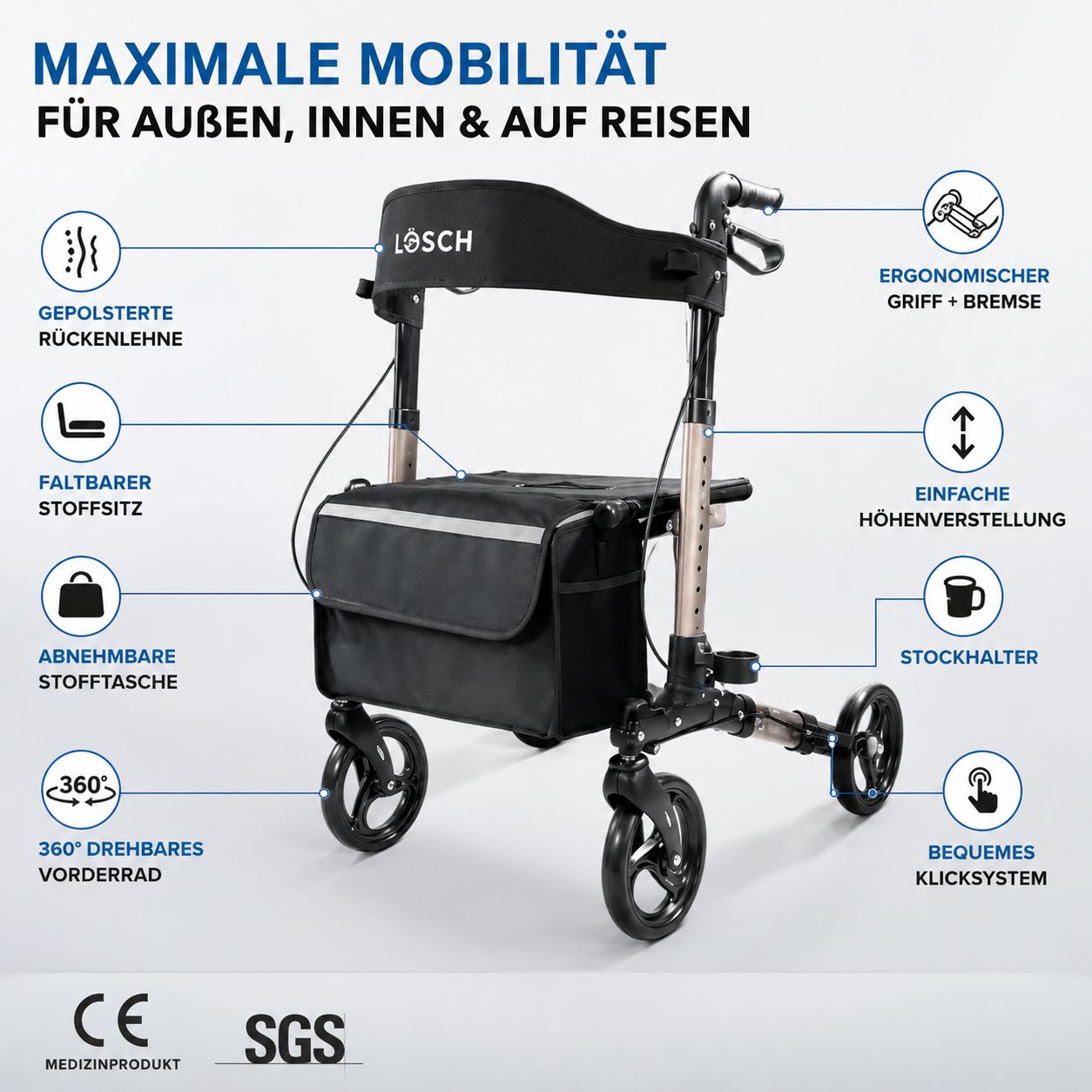 Rollator mit schwarzem Sitz und Tasche. Schwarze Räder. Ergonomische Griffe. Stockhalter. 360° Vorderrad. CE-Zeichen und SGS-Logo.