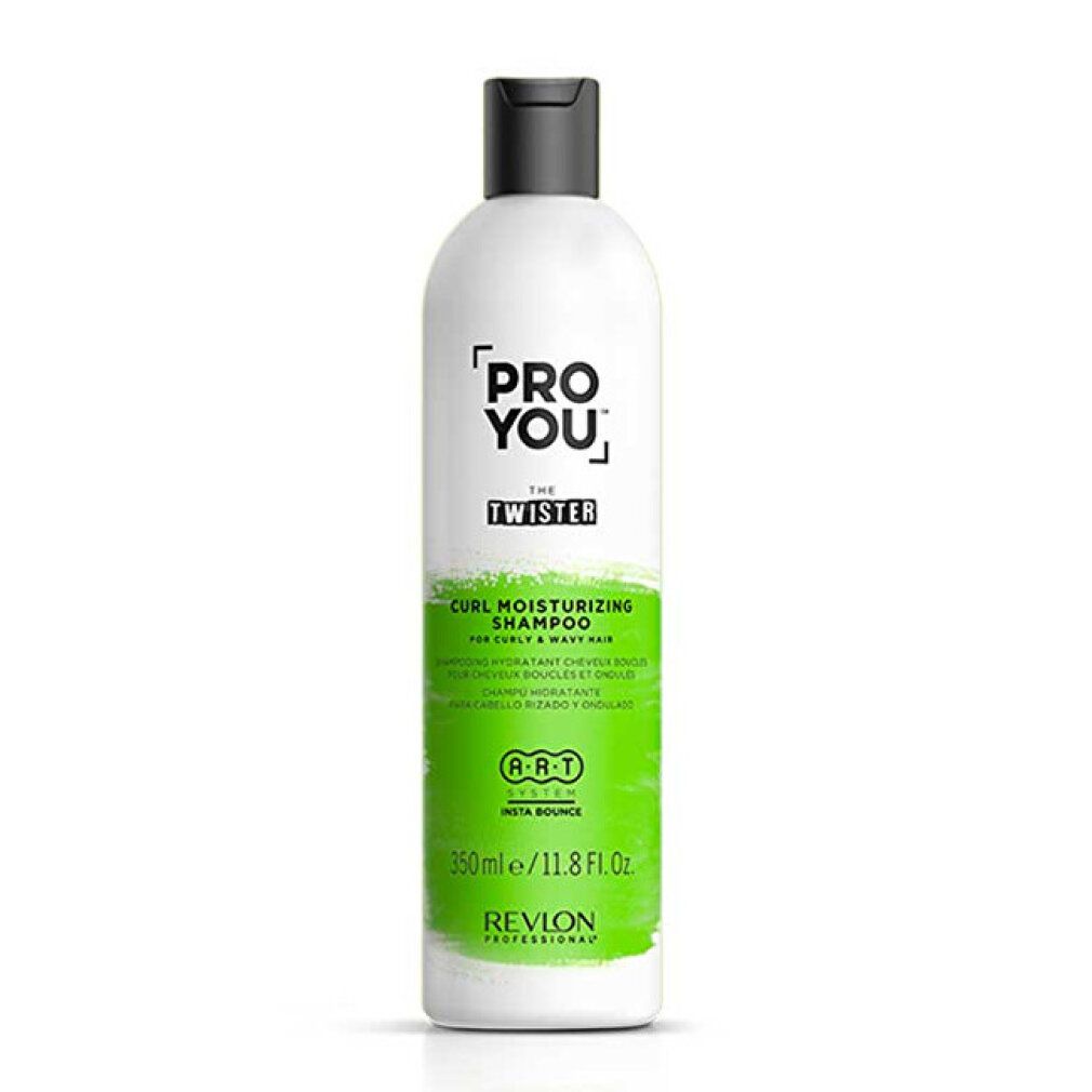 Weiße Flasche mit schwarzem Deckel. Aufschrift: Pro You The Twister. Grün: Curl Moisturizing Shampoo. Revlon Professional.