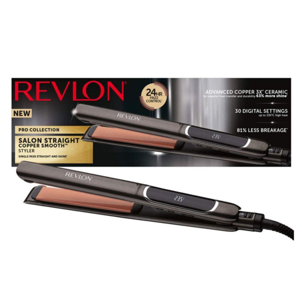 Revlon Glätteisen mit Verpackung. Schwarzes Gehäuse, kupferfarbene Platten. Aufschrift: Revlon, Pro Collection.
