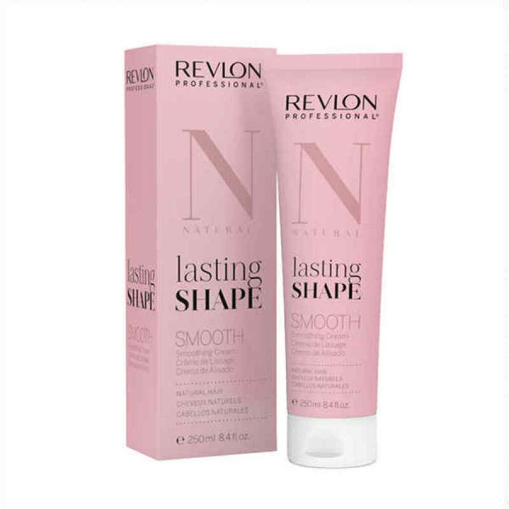 Revlon Lasting Shape Smooth Haarcreme, Tube und Verpackung. Rosa, weißer Deckel. Text: Revlon, Natural, Smooth, 250ml.