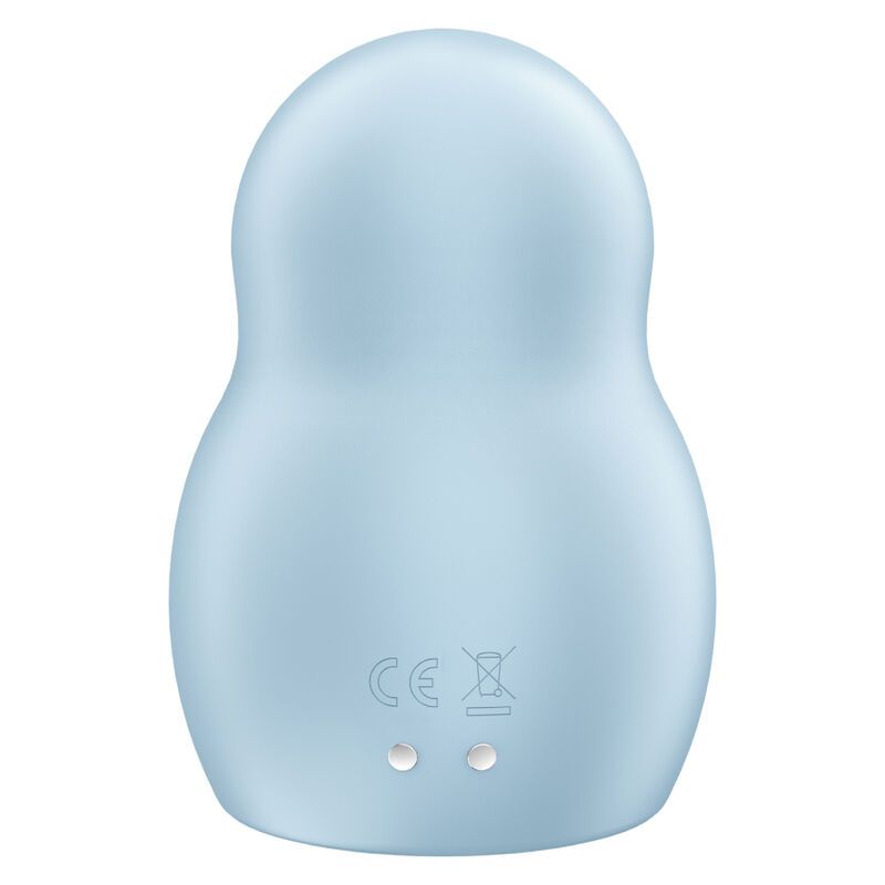 Verpackung des Satisfyer Pro To Go 1 mit einem hellblauen Vibrator und grafischen Elementen.