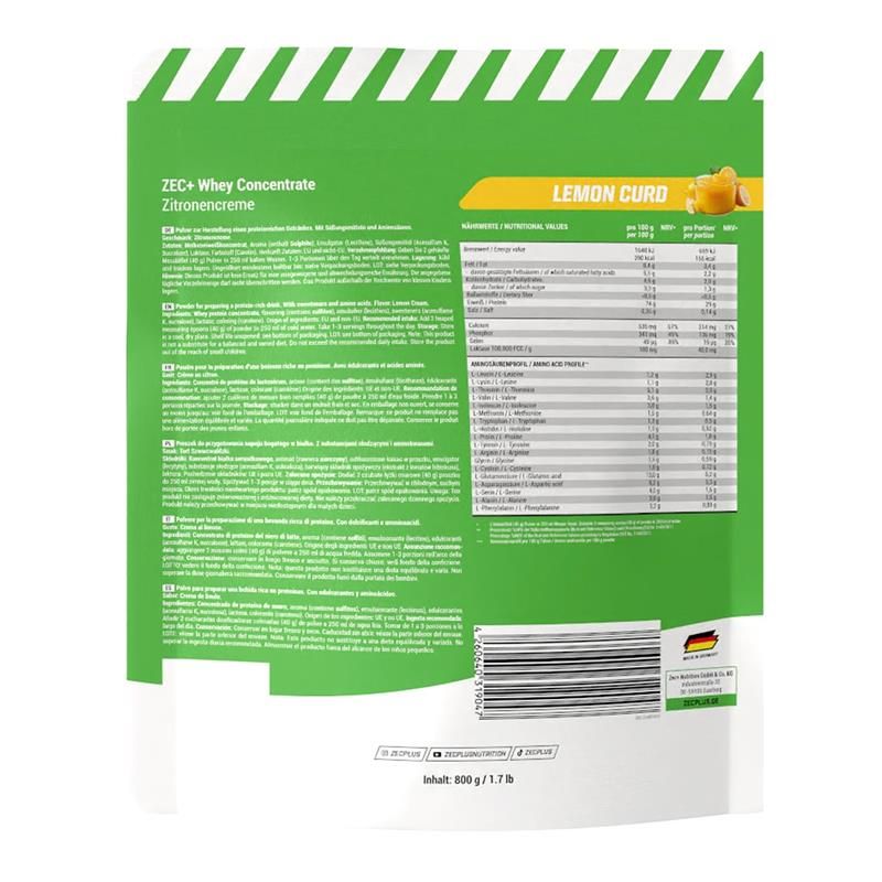 Rückseite der ZEC+ Whey Concentrate Zitronencreme Verpackung. Enthält Nährwertangaben und Text in mehreren Sprachen. 800g.