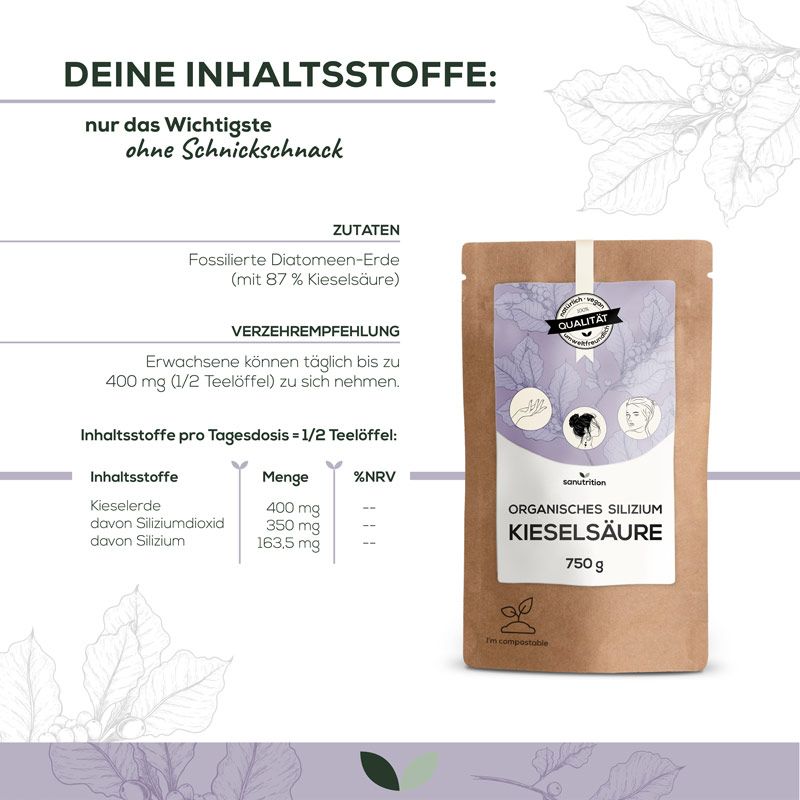 Produktverpackung mit Text: Organisches Silizium Kieselsäure, 750g. Tabelle mit Inhaltsstoffen und Verzehrempfehlung. Siegel: Qualität.