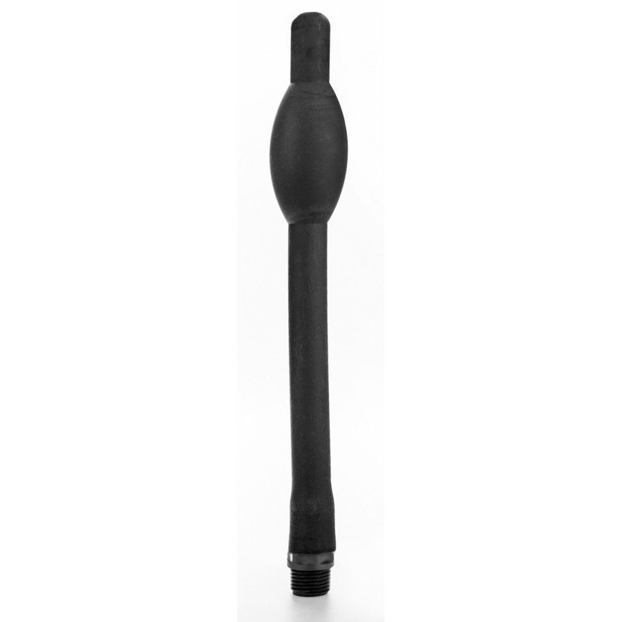 Schwarze Analsonde mit birnenförmigem Kopf und langem Schaft. Gewindeteil am Ende. Aus Gummi oder ähnlichem Material.