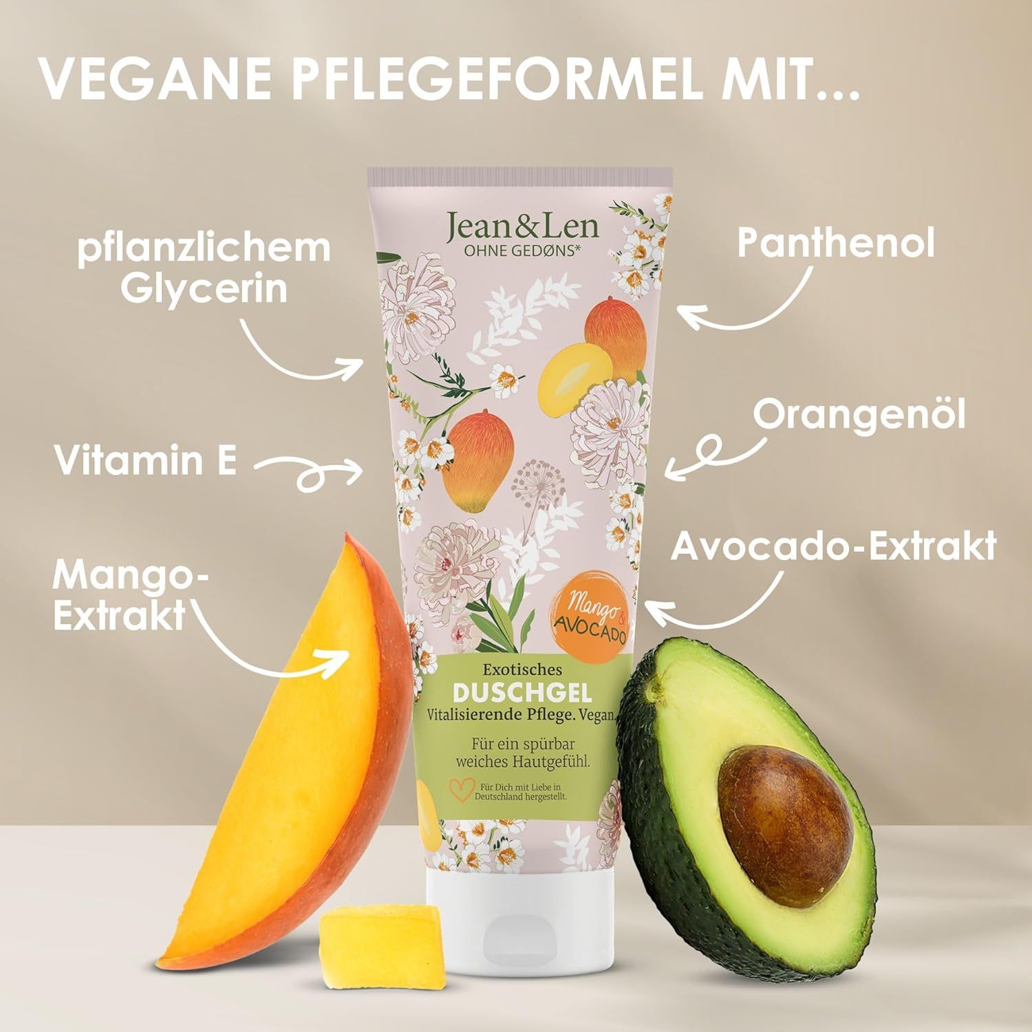 Duschgel-Tube mit Mango und Avocado. Text: Vegane Pflegeformel mit... Mango-Extrakt, Avocado-Extrakt, etc. Mango- und Avocado-Hälften.