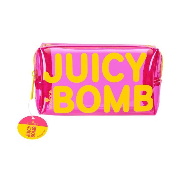 Transparente, pinkfarbene Kosmetiktasche mit gelbem JUICY BOMB-Schriftzug. Gelber Reißverschluss und Anhänger mit Logo.