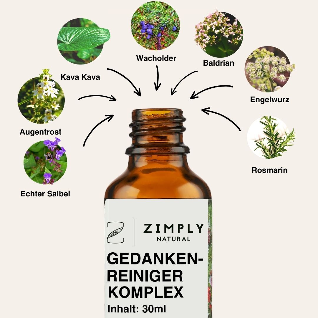 Braune Glasflasche mit Produktetikett. Umgeben von Abbildungen von Kräutern und Pflanzen. Text: ZIMPLY NATURAL, Gedankenreiniger Komplex.
