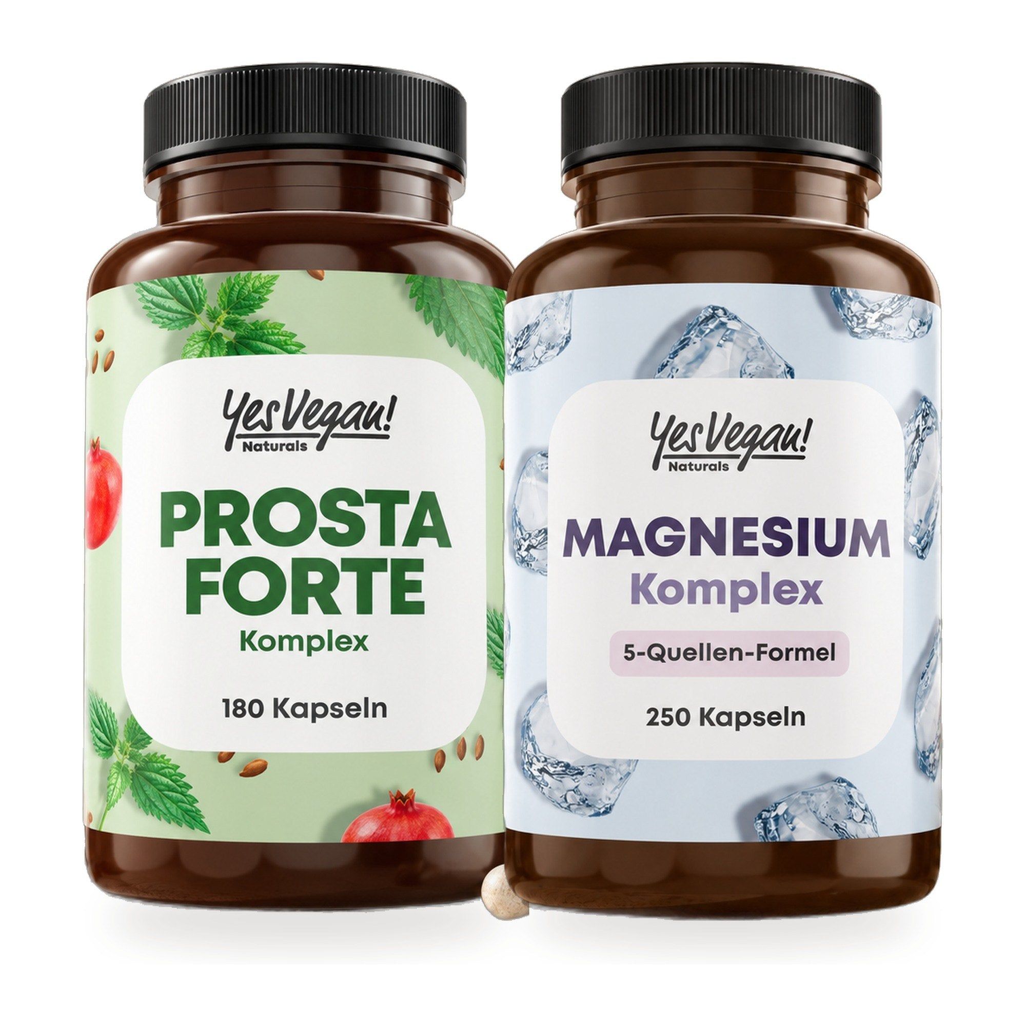Zwei Flaschen: "Prosta Forte Komplex" (180 Kapseln) und "Magnesium Komplex" (250 Kapseln) von "YesVegan! Naturals".