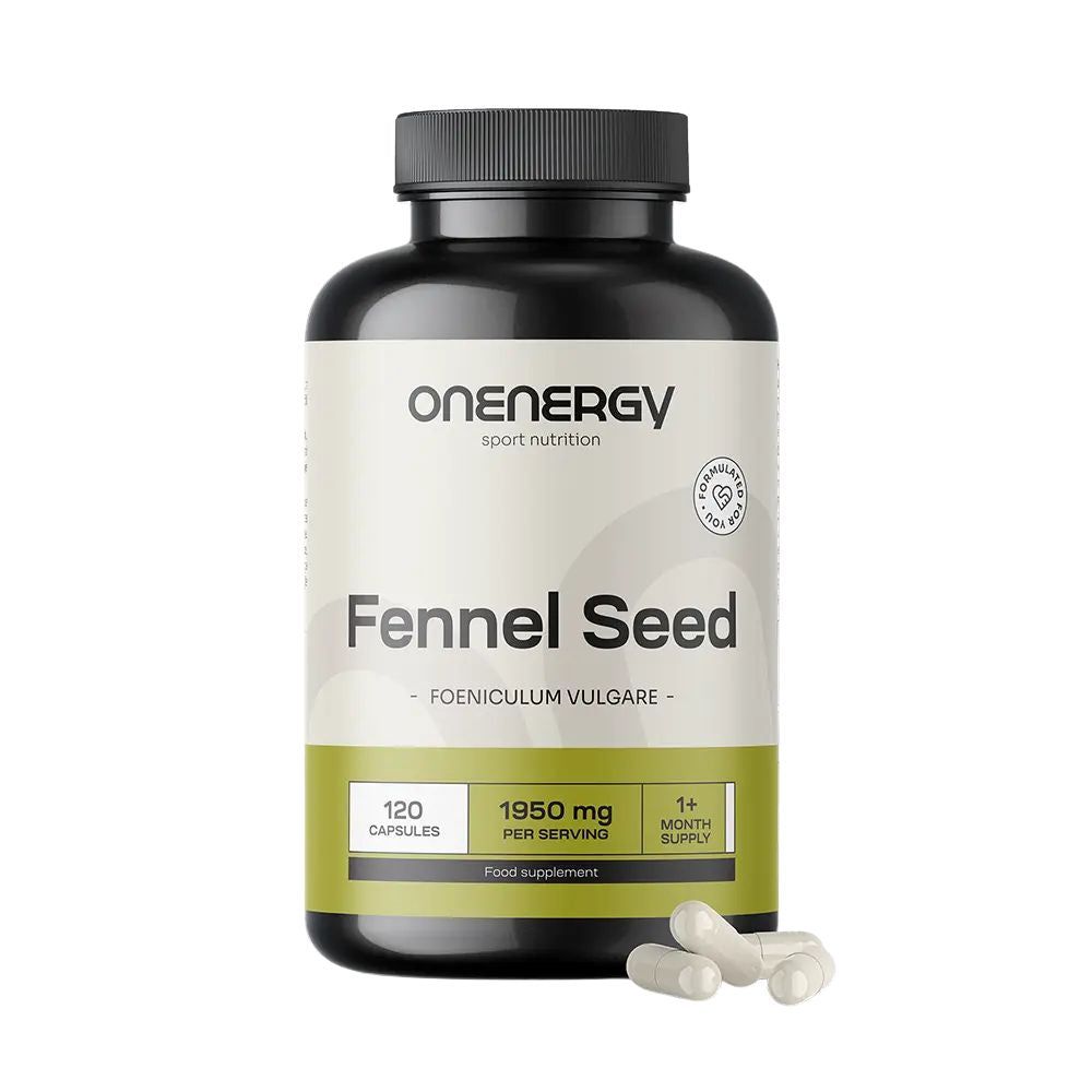 Dunkle Dose mit ONENERGY Fenchelsamen-Kapseln, 1950 mg pro Portion.