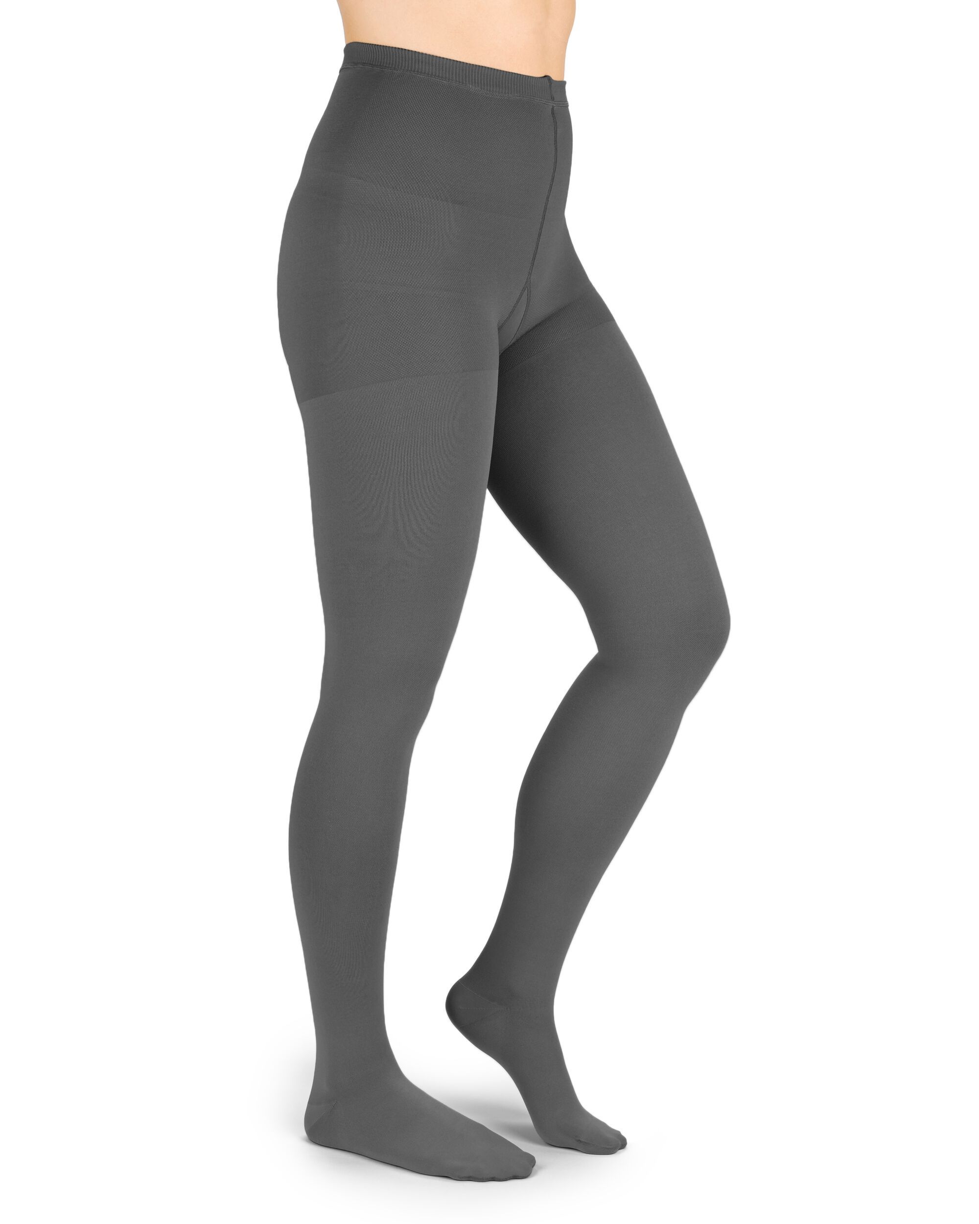 Graue Kompressionsstrumpfhose. Blick von der Seite, die Strumpfhose bedeckt die Beine bis zur Taille. Keine weiteren Details sichtbar.