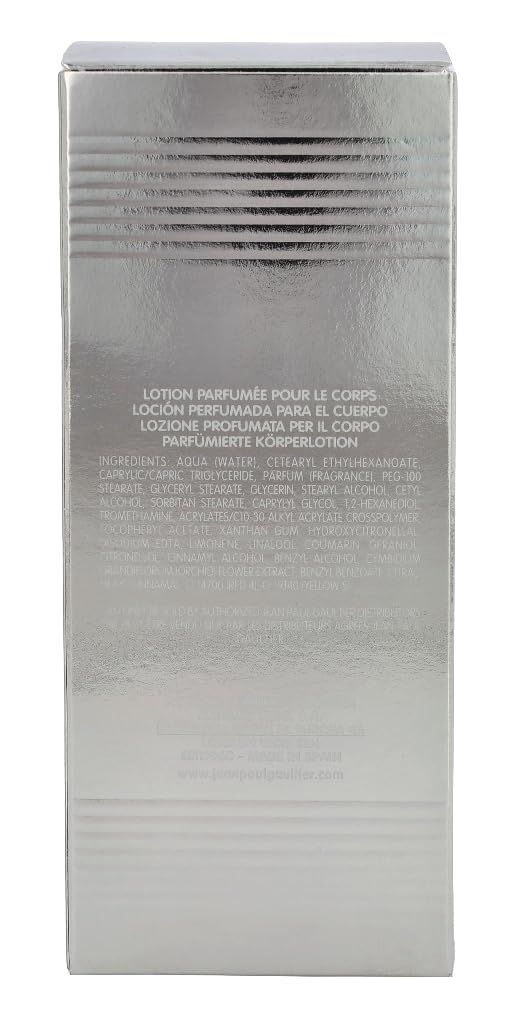 Silberne Schachtel mit Text. Aufschrift: Lotion Parfumée Pour Le Corps. Zutatenliste.