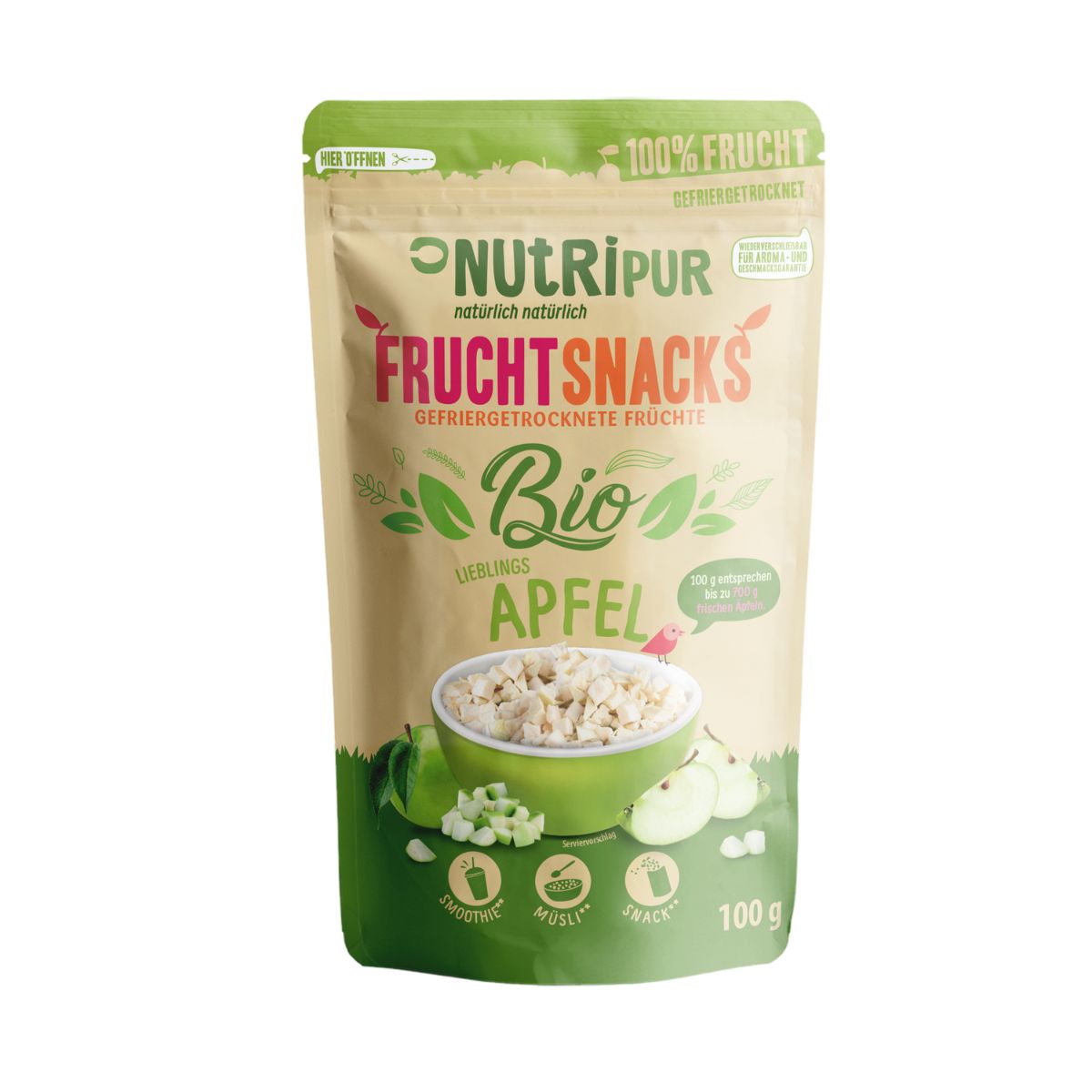 Beutel mit gefriergetrockneten Bio-Apfelstücken. Aufschrift: NutriPur, Fruchsnacks, Bio Apfel. 100g.