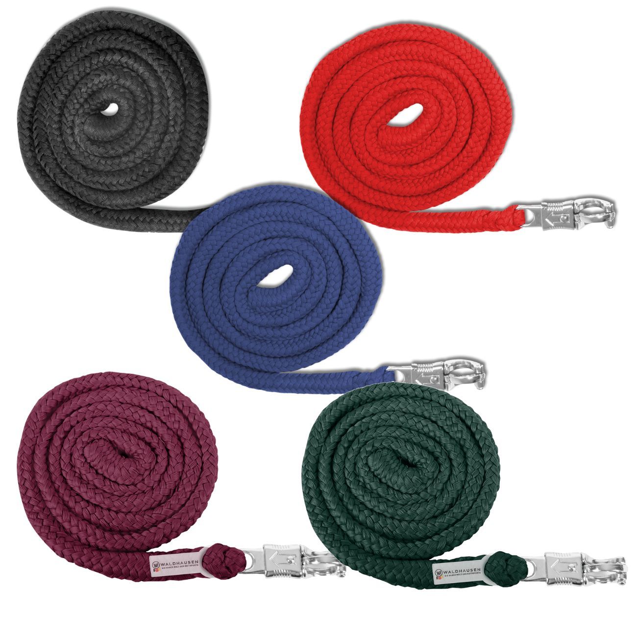 Fünf Anbindestricke in verschiedenen Farben. Metallkarabinerhaken. Geflochtenes Seil. Waldhausen Logo.